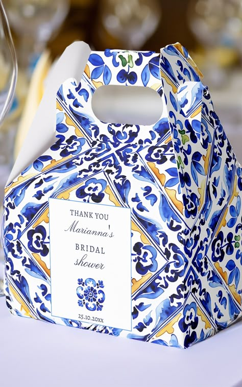 Amalfi Vietri blue tile bridal shower favors personalized Favor Box Mediterranean themed favor boxes Amalfi Coast Party Favors, Mediterranean Themed Bridal Shower Ideas, Sicily Wedding Theme, Amalfi Restaurants, Greece Bridal Shower Theme, Capri Themed Bridal Shower Ideas, Italian Packaging Design, Mediterranean Wedding Decor, Amalfi Theme