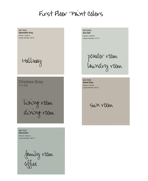 First Floor Color Palette 2024 Color Palette, Anew Gray, House Paint Interior, Farmhouse Paint Colors, Agreeable Gray, House Color Palettes, Farmhouse Paint, Paint Color Schemes, House Color Schemes