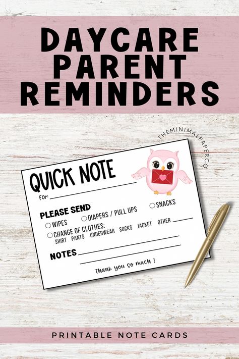 Daycare Reminders for Parents. A minimalistic note card with a pink Valentine’s owl Daycare Printables, Notes To Parents, Day Care, Note Cards, South Carolina, Pop Of Color, Color Pop, Parenting, United States