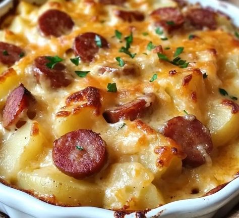 ½ cup of water (might need to add more water as sausage browns. Add ⅛ of a cup Sausage And Potato Bake, Gnocchi Bake, Kielbasa And Potatoes, Smoked Sausage Recipes, Vegetarian Sausages, Kielbasa Recipes, Cheesy Potato Casserole, Frozen Potatoes, Kielbasa Sausage