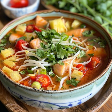 🍲 Savor the unique flavors of Canh Chua! #VietnameseCuisine #SourSoup Canh Chua (Vietnamese Sour Soup) Ingredients: Fish fillets (1 lb) Pineapple, chopped (1 cup) Tomato, quartered (1) Okra, sliced (1 cup) Tamarind paste (2 tbsp) Fish sauce (2 tbsp) Sugar (1 tbsp) Water (4 cups) Bean sprouts (1 cup) Fresh herbs (basil, cilantro) Instructions: In a pot, bring water, tamarind paste, fish sauce, and sugar to a boil. Add fish, pineapple, tomato, and okra. Simmer until fish is cooked. Add bean... Pineapple Tomato, Canh Chua, Soup Ingredients, Fish Fillets, Instagram Recipes, Tamarind Paste, Twisted Recipes, Sour Soup, Vietnamese Cuisine