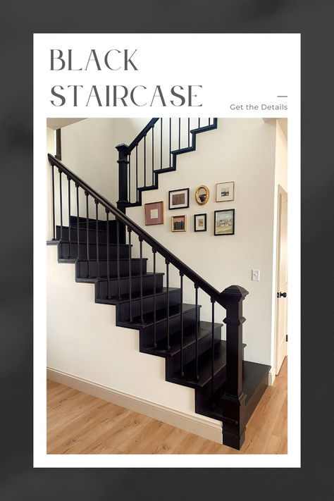 Learn about my black staircase. From what I love about it to what makes black stairs challenging. Plus see the evolution of our staircase. Black Open Staircase, Black Stairs Painted, Black Stairs Modern, Black Staircase Ideas, All Black Staircase, Black Stained Stairs, Black And White Stair Railing, Black And White Stairs, Black Staircase