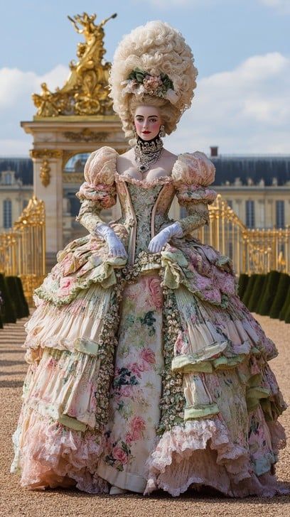 A woman is adorned in an opulent and meticulously detailed historical costume, reminiscent of 18th-century European royalty. Her dress features layers of pastel-colored fabric embellished with floral patterns and lace, enhancing her aristocratic presence. The grandeur of the palace and its golden gates behind her accentuate the timeless elegance of her attire. This portrayal not only reflects the lavish fashion of the period but also the intricate artistry involved in costume design. 18th Century Fashion Women, 18th Century Gown, Historical Gowns, Colored Fabric, European Royalty, Vintage Lady, Period Costumes, Pattern Ideas, Historical Costume