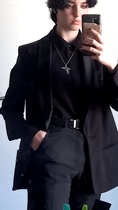 grunge, goth, black, black outfit, aesthetic, suit Emo Prom Suit Men, Homecoming Masc Outfits, Emo Suits Men, Trans Masc Wedding Outfit, Grunge Prom Suit, Goth Prom Outfit Men, Emo Formal Outfit, Formal Emo Outfits, Emo Prom Suit