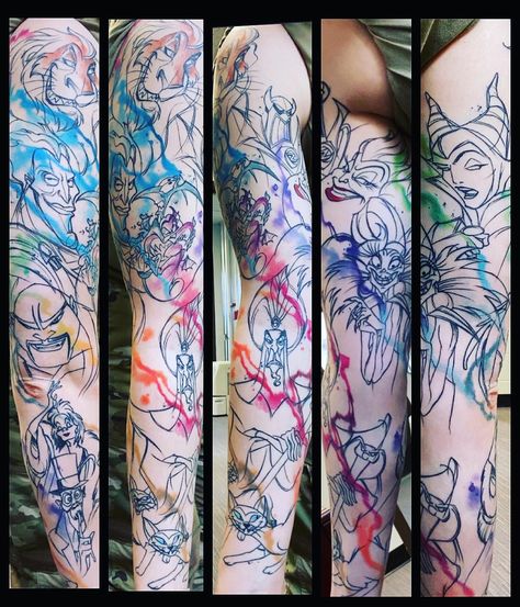 Disney Villain Leg Sleeve Tattoo, Ursula Watercolor Tattoo, Disney Villians Tattoos, Villain Tattoo Sleeve, Disney Villains Tattoos, Disney Villain Tattoo Sleeve, Disney Half Sleeve Tattoo, Villians Tattoo, Disney Leg Sleeve Tattoo