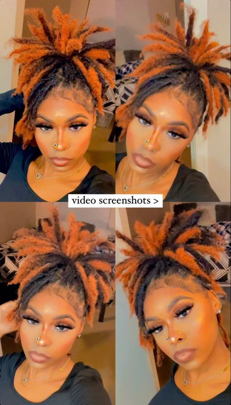 Locs In Pineapple, Ginger Tips Locs, Loc Styles For Short Hair Dreadlocks Women, Half Dyed Locs Black Women, Pineapple Locs Style, Pineapple Hairstyle Locs, Dreads Color Ideas Locs For Women, Color For Locs, Colorful Locs Black Women