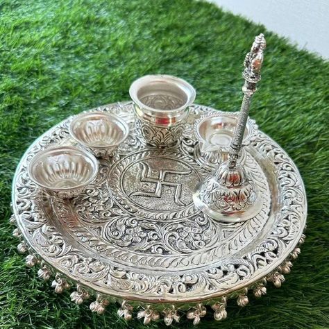 Comment PP to get link to buy German silver antique pooja set 🌞 by @rangrata_ 💜 Description 1- thali 11" inch 1- bell 1- diya 1.lutiya 2- bowl ✅ Guaranteed never gets black. free shipping PAN INDIA 🇮🇳 Ready to ship Nail References, Silver Utensils, Green Suit Men, Vintage Indian Jewelry, Pooja Thali, Pooja Items, Silver Pooja Items, Gold Jewellry, Vintage Silverplate