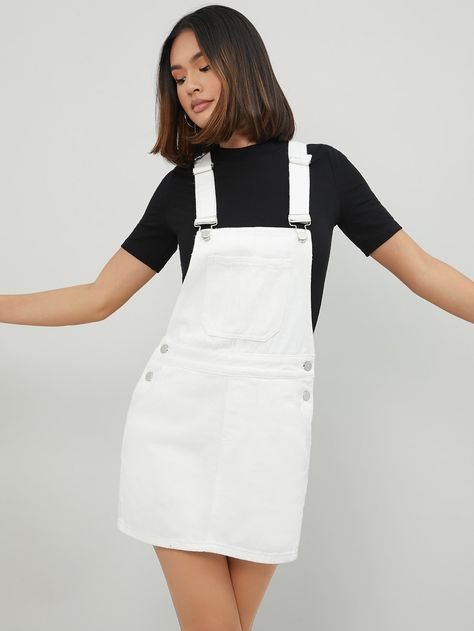 White Preppy  Sleeveless Denim Plain Pinafore Embellished Non-Stretch  Women Denim Pinafore Dress Outfit Summer, Denim Pinafore Dress Outfit, Lwd Outfit, Dungaree Dress Outfit, Denim Dungarees Outfit, White Jean Dress, Denim Dress Outfit Summer, Pinafore Dress Outfit, Pinafore Outfit