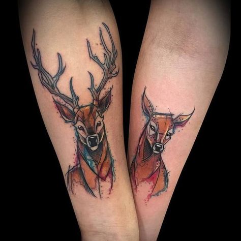 Couples Deer Tattoos, Deer Tattoo Meaning, Deer Tattoos, Deer Tattoo Designs, Partner Tattoos, Tattoos For Couples, Best Couple Tattoos, Tattoo Diy, Cute Couple Tattoos