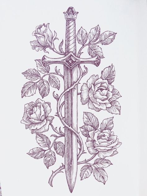 Sward Flower Tattoo, Dagger Sternum Tattoo Women, Dagger And Flower Tattoo, Flower Dagger Tattoo, Dager Tattoos For Women, Dagger With Flowers Tattoo, Dagger Flower Tattoo, Floral Dagger Tattoo, Medevil Tattoo Designs