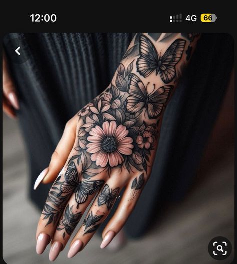 Butterfly Flower Hand Tattoo, Arm Hand Tattoo Women, Hand Finger Tattoos For Women, Skull Hand Tattoo For Women, Womens Hand Tattoos Ideas, Floral Hand Tattoos For Women, Flower Hand Tattoos For Women, Elegant Hand Tattoos, Baddie Arm Tattoos