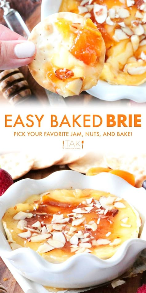 Easy Baked Brie with Jam is an quick appetizer that is savory-sweet and 100% crowd-pleasing! This simple brie recipe featuring hot and bubbly brie cheese with jam, almonds, and a drizzle of honey. Great as a cracker spread or dip for toasted bread! The perfect holiday appetizer and a great starter for any party! Bake Brie With Jam, Melted Brie With Jam, Brie Melt Recipes, Brie Cheese With Jam, Brie Cheese With Honey, Snacks With Brie Cheese, Honey Almond Baked Brie, Brie Dip With Honey, Baked Brie Jam