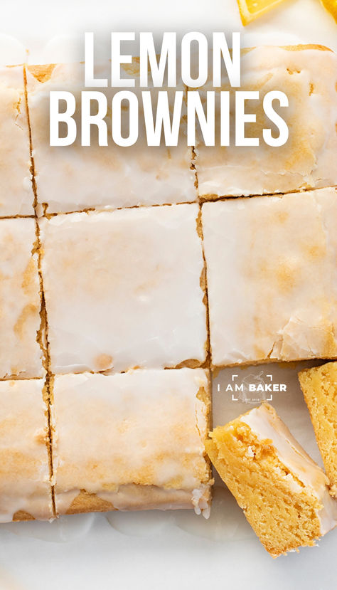 Lemon Brownies are dessert bars that are dense and moist with a lemony flavor and topped with a simple glaze. Simple Lemon Dessert Recipes, Simple Dessert Bars, Quick And Easy Lemon Desserts, Easy Desserts Lemon, Lemonies Recipe, Quick Lemon Desserts, Simple Dessert Recipes Quick, Simple Lemon Bars, Deserts Recipes Easy Quick