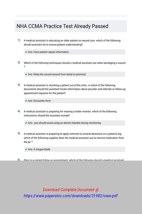 NHA CCMA Practice Test Already Passed 
 A medical assistant is educating an older patient on wound care. which of the following should assistant do to ensure patient understanding?Which of the following techniques should a medical assistant use when bandaging a wound ?A medical assistant is checking a patient out of the clinic. In which of the following documents should the assistant locate information about provider and refe Medical Assistant Test Prep, Ccma Exam Test Prep, Ccma Medical Assistant, Nha Medical Assistant Exam, Medical School Motivation, Student Hacks, Exam Prep, Wound Care, Medical Assistant