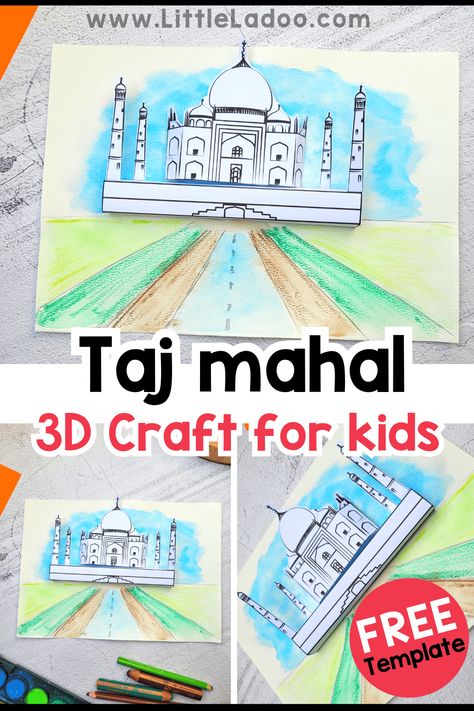 Taj Mahal 3D Paper craft Taj Mahal School Project, Thailand Crafts For Kids, India Crafts For Kids, Country Worksheet, Around The World Crafts For Kids, Taj Mahal Art, Tac Mahal, Around The World Theme, India Crafts