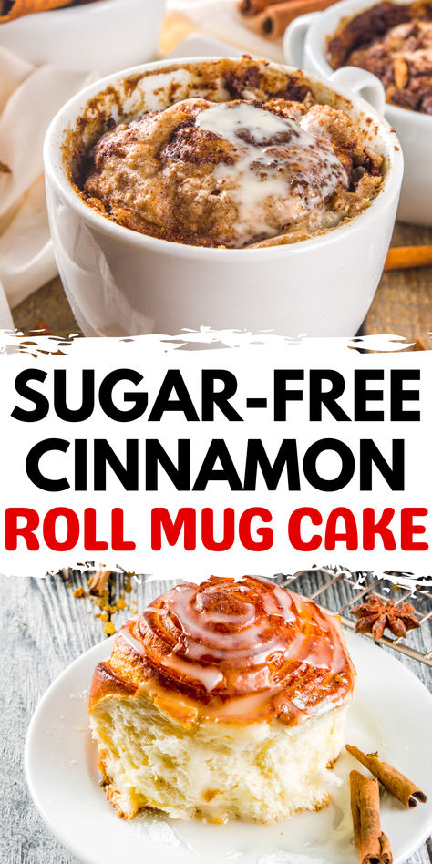 Enjoy a sugar-free cinnamon roll mug cake that tastes just as delicious as Cinnabon without the added sugar guilt. This easy-to-make treat is perfect for those monitoring their carb and sugar intake, offering a delightful and satisfying dessert in just two minutes. Create this classic favorite with zero grams of added sugar and relish the ooey-gooey goodness of a cinnamon roll without the sugar spike. Cinnamon Desserts Healthy, Low Calorie Sweet Snacks, Cinnamon Roll Mug Cake, Sugar Free Cake Recipes, Low Sugar Desserts, Sugar Free Cake, Dessert Recipies, Low Calorie Dessert, Cake With Cream Cheese Frosting