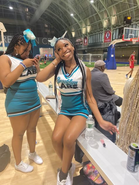 Cheerleader Flyer Aesthetic, Uniform Aesthetic School, Cheerleader Aesthetic Black, Black Cheer Aesthetic, Black Cheerleaders Middle School, Cheerleading Black People, Black Cheer Uniforms, Cheer Braids, Cheer Leader Aesthetic