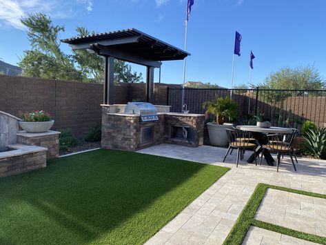 Backyard Patio And Landscape Ideas, Rectangle Backyard Ideas, Narrow Backyard Ideas, Arizona Backyard Landscaping, Turf Backyard, Garden Sitting Areas, Arizona Backyard, Pool Landscape Design, Modern Backyard Landscaping