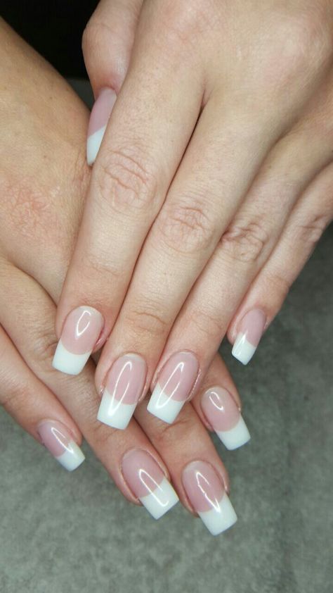 Elegant Acrylic Nails Classy French Tips, French Tip Medium Length Nails Square, French Mani Acrylic, White Nail Tips Acrylic, French Tip Acrylic Nails Classic, Wedding Nails White Tips, White Tip Acrylic Nails Squoval, Long French Manicure Nails, Classic Pink And White Acrylic Nails