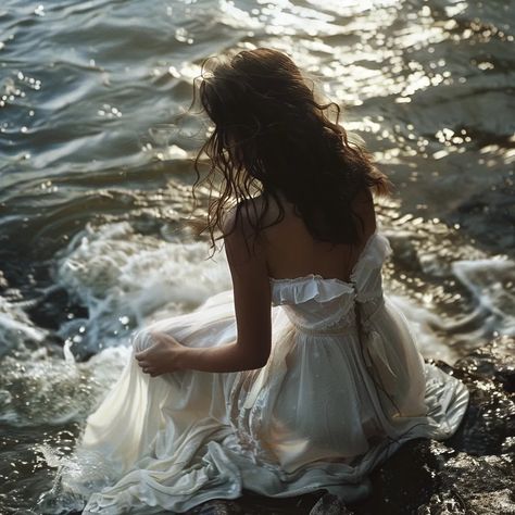 The photo shows a woman in a white dress sitting on the rocks by the sea. Her hair is long and flowing, and her face is serene. She is looking out at the sea, and her eyes are full of peace. The sun is shining, and the waves are crashing against the rocks. The photo is full of beauty and tranquility. White Dress Aesthetic, Water Aesthetic, Person Sitting, Ocean Pictures, Dress Aesthetic, Floating In Water, Princess Aesthetic, White Silk, Women Long Dresses