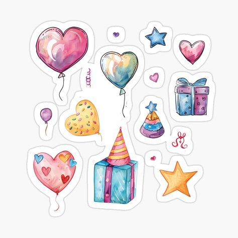 Get my art printed on awesome products. Support me at Redbubble #RBandME: https://www.redbubble.com/i/sticker/Birthday-Balloons-Gifts-Party-Hat-Stars-Hearts-Collage-Bundle-by-dalia53/159156600.EJUG5?asc=u Birthday Stickers Printable, Heart Collage, Boyfriend Gift Basket, Watercolor Birthday, Balloon Gift, Bright Pastels, Iphone Wallpaper App, Birthday Stickers, Boyfriend Birthday