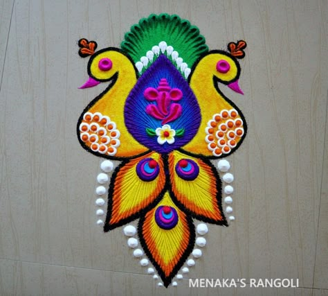 Rangoli Making Video, Ganesh Ji Rangoli Design, Easy Peacock Rangoli, Peacock Rangoli Design, Ganesh Chaturthi Festival, Color Rangoli, Vinayaka Chavithi, Rangoli Designs Easy, Ganesha Rangoli