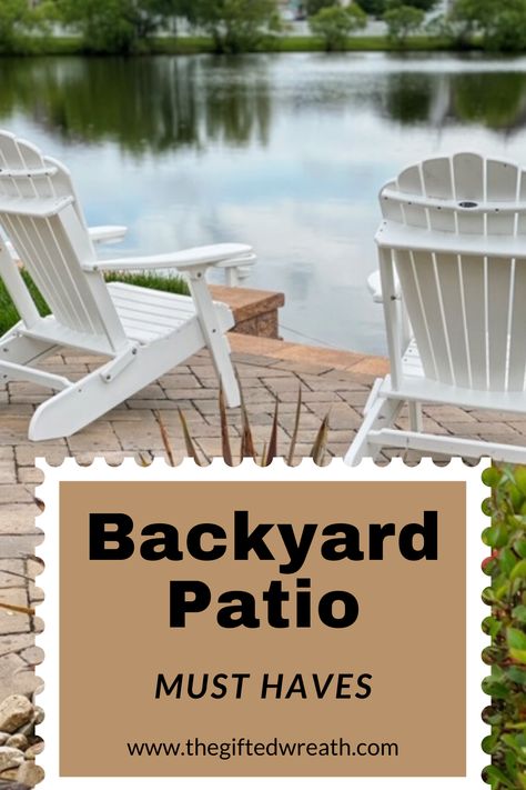 You guys! These gorgeous white Adirondack chairs are a Backyard Patio Must Have. My hubby and I love sitting out in our backyard Adirondack chairs making small talks and roasting marshmallows using our outdoor fire pit. Spending time in our backyard brings us so much joy. Click the image to see the rest of our outdoor patio furniture must haves. #backyardpatio #patiofurniture White Adirondack Chairs, Adirondack Chairs Patio, Farmhouse Style Wreath, Porch Planters, Living Space Decor, Patio Party, Patio Style, Backyard Makeover, Small Patio