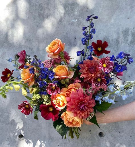 Hacienda Wedding Bouquet, Fall Jewel Tone Wedding Decor, June Floral Arrangements, Vivid Fall Wedding, Jewel Tone Bridal Bouquet, Fall Wild Flowers, Jewel Tone Wedding Flowers, Wildflower Wedding Theme, Colorful Bridal Bouquet