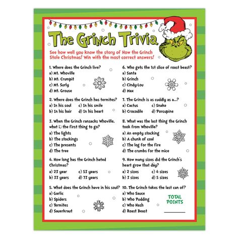 50% OFF: Grinch Trivia Activity Sheet - Party Supplies Canada - Open A Party Grinch Jepordy Game, Grinch Holiday Games, Grinch Family Christmas Party, Christmas Grinch Party Ideas, Grinch Activity Sheets, Grinch Christmas Party Games Free Printable, Grinch Christmas Activities, Grinch Christmas Activities For Kids, Grinchmas Party Games