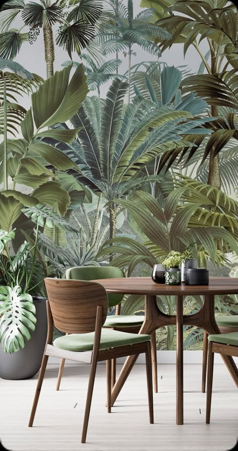 Tropical Wallpaper Restaurant, Tropical Landscape Wallpaper, Tropical Plant Wallpaper, Tropical Wallpaper Dining Room, Tropical Wallpaper Bathroom, Tropical Dining Room, Wallpaper Design Ideas, Foliage Wallpaper, Living Room Murals