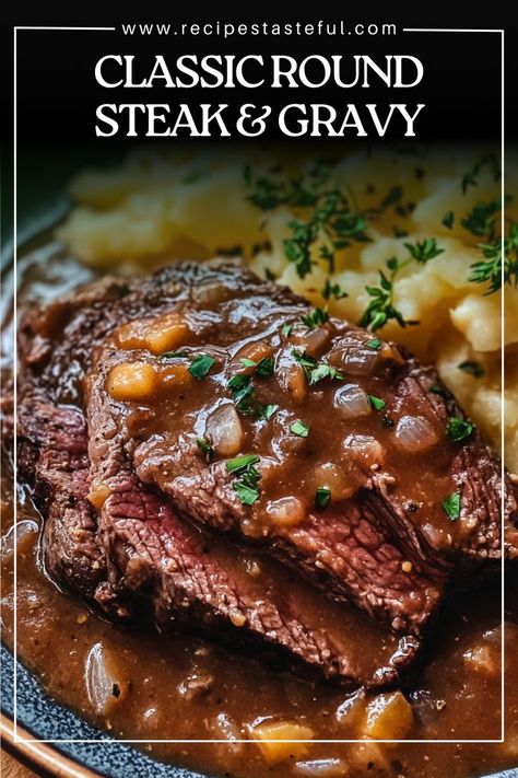 A hearty dish featuring tender round steak simmered in rich onion gravy, perfect for serving over creamy mashed potatoes. Tender Round Steak, Round Steak Gravy, Round Steak And Gravy, Slow Cooker Steak Recipes, Beef Round Steak Recipes, Steak Gravy, Steak And Mashed Potatoes, Steak And Gravy, Beef Round Steak