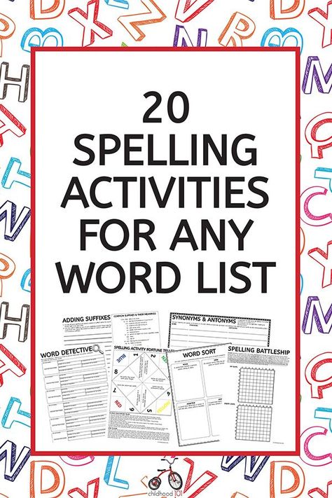 A spelling activities pack of 20 print-and-go pages that can be used with any spelling list that add fun and variety to spelling practice. Grades 3-6. #spellingactivities #spelling 5th Grade Spelling, Spelling Practice Worksheets, Spelling Word Games, 4th Grade Spelling, Spelling Word Activities, Spelling Word Practice, Word Study Activities, Spelling Homework, Spelling List