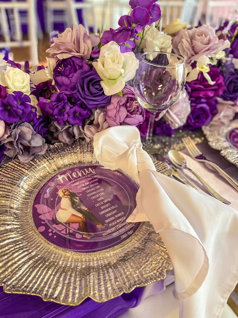 #purple #party #dinnerideas #dinnerpartyideas #floral #purpleflorals Purple And Gold Birthday Centerpieces, Shades Of Purple Table Decor, Purple And Gold Dinner Party, Purple And Gold Table Decor, 50 Shades Of Purple Party Ideas, 30 Shades Of Purple Party, Purple Dinner Party Decor, Purple 40th Birthday Decorations, Purple Brunch Decor