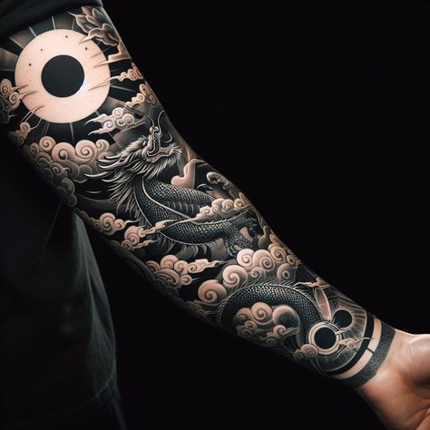 Generador de imágenes Elaborate Tattoos, Arm Tattoos Japanese, Flash Tattoo Sleeve, Japanese Forearm Tattoo, Voll Arm-tattoos, Samurai Tattoo Sleeve, Black Dragon Tattoo, Philippine Mythology, Mangas Tattoo