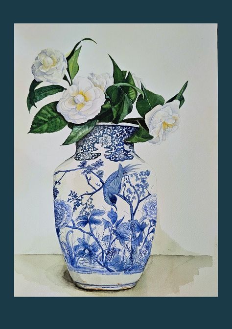 Watercolour painting of Blue and white Japanese vase with white camelias in Chinoiserie style. Dutch Pottery, Chinoiserie Fabric, Chinese Vases, Japanese Vase, Easy Chinese, Watercolor Tutorials, Chinoiserie Style, Chinese Vase, Wall Paintings