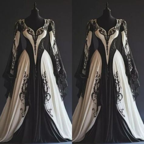 Long Sleeve Black And White Wedding Dress, Steam Punk Wedding Dresses, Gothic Wedding Dress Black And White, Black And White Wedding Dress With Sleeves, White Wedding Dress With Black Accents, Vintage Gothic Wedding Dress, Masculine Wedding Dress, Gothic Wedding Dress White, Nordic Wedding Dress