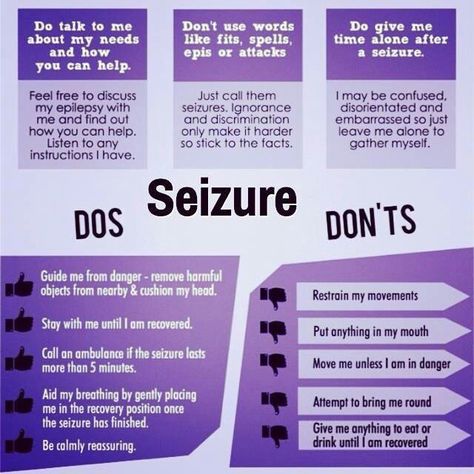 The Do's and Don'ts of Seizure response. Seizures Nursing, Seizures Quotes, Seizures Non Epileptic, Absence Seizures, Seizures Awareness, Purple Day, Awareness Quotes, Nurse Office, Do's And Don'ts