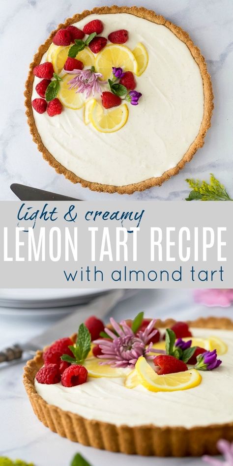 A Creamy Lemon Tart Recipe with an almond crust shell. This easy lemon tart is made with cream cheese, yogurt, lemon juice and naturally sweetened with maple syrup! It makes the perfect light dessert! #glutenfree #best #filling #healthy Easy Lemon Tart, Lemon Tart Recipe, Tart Crust, Almond Crust, Almond Tart, Almond Crusted, Light Desserts, Tart Recipe, Oreo Dessert