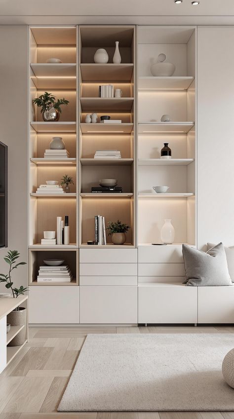 Scandinavian Bedroom Ideas Tidy Living Room, Built In Storage Living Room, Sleek Modern Living Room, Living Room Storage Wall, Living Room With Storage, Living Room Storage Ideas, Living Room Ideas For Small Spaces, City Living Room, Storage Living Room