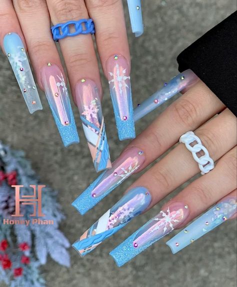 Winter Themed Nails, Coffin Tips, Unicorn Chrome, Frozen Nails, Gel Paint, Plaid Nails, Nails Design With Rhinestones, Frozen Theme, Falls Church