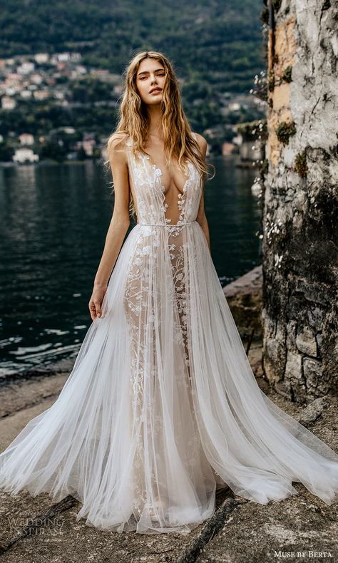 muse by berta spring 2022 bridal sleeveless straps plunging v neckline embellished sheath wedding dress a line overskirt (3) fv -- MUSE by Berta Spring 2022 Wedding Dresses | Wedding Inspirasi #wedding #weddings #bridal #weddingdress #weddingdresses #bride #fashion #label:MusebyBerta #season:Spring/Summer #week:222021 #year:2022 ~ Wedding Dress Reveal, Muse By Berta, Berta Wedding Dress, Wedding Dress Guide, Lace Beach Wedding Dress, Dress Guide, Dream Wedding Ideas Dresses, Stunning Wedding Dresses, Wedding Gowns Lace