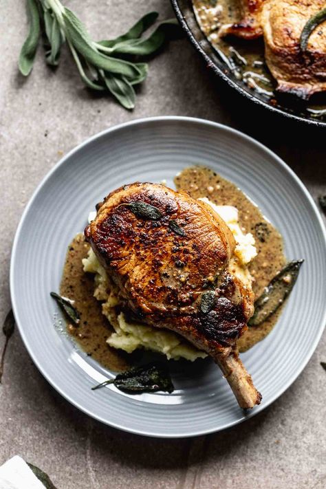 Pork Chops Plating, Apple Cider Gravy For Pork, Pork Chop Plating, Fall Pork Chop Recipes, Pork Chop Apple, Pork Chops With Apple Cider, Pan Seared Pork Chops, New Year Menu, Seared Pork Chops