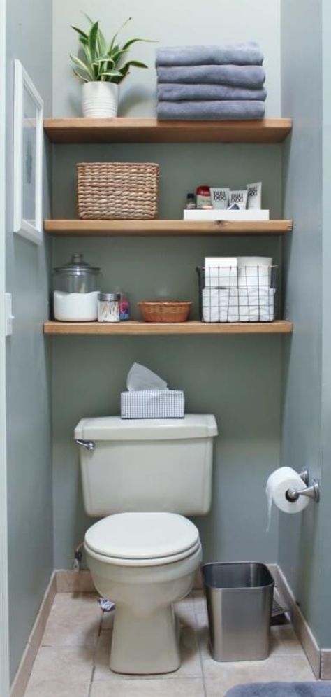 Shelving Ideas Bathroom, Shelves Behind Toilet, Bathroom Shelf Decor Ideas, Extra Bathroom Storage, Bathroom Shelving Ideas, Shelf Decor Ideas, Small Tile Shower, Diy Floating Shelves, Shelves Above Toilet