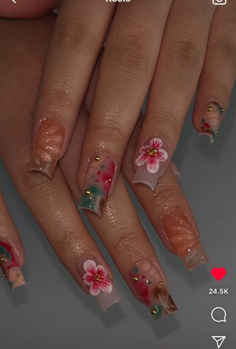 Jhene Aiko Nail Ideas, Besame Mucho Nails, Brown Nails With Flowers, Hawaii Acrylic Nails, Mexican Nails Designs Mexico, Mexico Nails Vacations, Nude Flower Nails, Cute Floral Nails, Hawaiian Nails