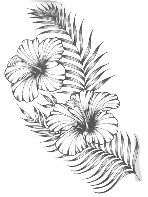 Tropical Hibiscus Tattoo, Tropical Floral Tattoo Design, Jungle Tattoo Ideas For Women, Jungle Tattoo Design, Jungle Tattoo Ideas, Tropical Flowers Drawing, Hibiscus Flower Tattoo Design, Flowers Drawing Tattoo, Hibiscus Tattoo Design