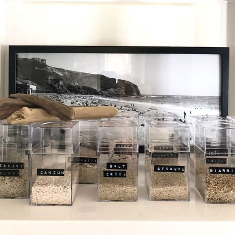 We\'ve collected sand from every beach vacation and it\'s so interesting to see how different in color and texture they are Sand Collection Display Ideas, Sand Collection Display, Sand Display, Neutral House Decor, Collection Display Ideas, Neutral House, House Organization Ideas, Under The Sink Organization, Diy Storage Solutions