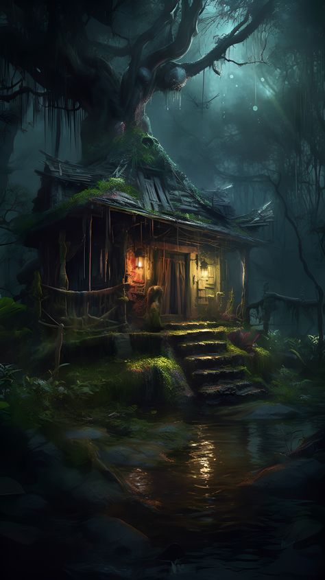 As the explorer trudged through the thick, humid air of the Louisiana swamp, his feet sinking into the murky water with every step, he spotted a small, dilapidated shack nestled among the trees. As he approached, he saw strange symbols etched into the wooden walls and a pungent smell of herbs and incense emanating from within. Heart racing, he realizes he has stumbled upon a voodoo shack, rumored to exist in the depths of the Louisiana swamps. Swamp Fantasy Landscape, Swamp Art Illustrations, Swamp Village Art, Swamp Aesthetic Wallpaper, Spooky Swamp Aesthetic, Louisiana Bayou Aesthetic, Swamp Hag Aesthetic, Swamp House Concept Art, Louisiana Swamp Aesthetic