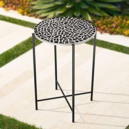 Round Tiled Table, Teal Island, Front Porch Patio, Patio House, Mosaic Tables, Side Table Styling, Black Mosaic, House Balcony, Mosaic Table Top