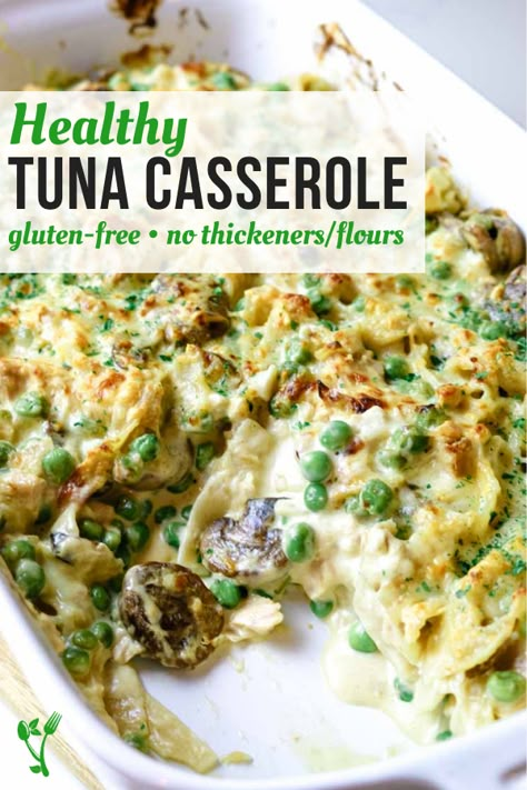 Photo of tuna casserole with peas and mushrooms with text overlay that says Healthy Tuna Casserole Tuna Artichoke Casserole, Ground Tuna Recipes, Tuna Noodle Casserole With Mushrooms, Healthy Tuna Casserole Recipes, Gluten Free Tuna Noodle Casserole, Casserole With Peas, Healthy Tuna Casserole, Healthy Tuna Noodle Casserole, Tuna Noodle Casserole Healthy