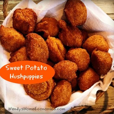 Crispy-on-the-outside and moist-in-the-middle, these hushpuppies featuring NC sweet potatoes are the perfect side dish all sorts of soups, chowders, salads.... or just by themselves drizzled with honey! Sweet Potato Balls Recipe, Sweet Potato Cornbread, Hush Puppies Recipe, Stuffed Potato Balls, Home Economics, Potato Dishes, Sweet Potato Recipes, Recipe For Mom, Camping Food